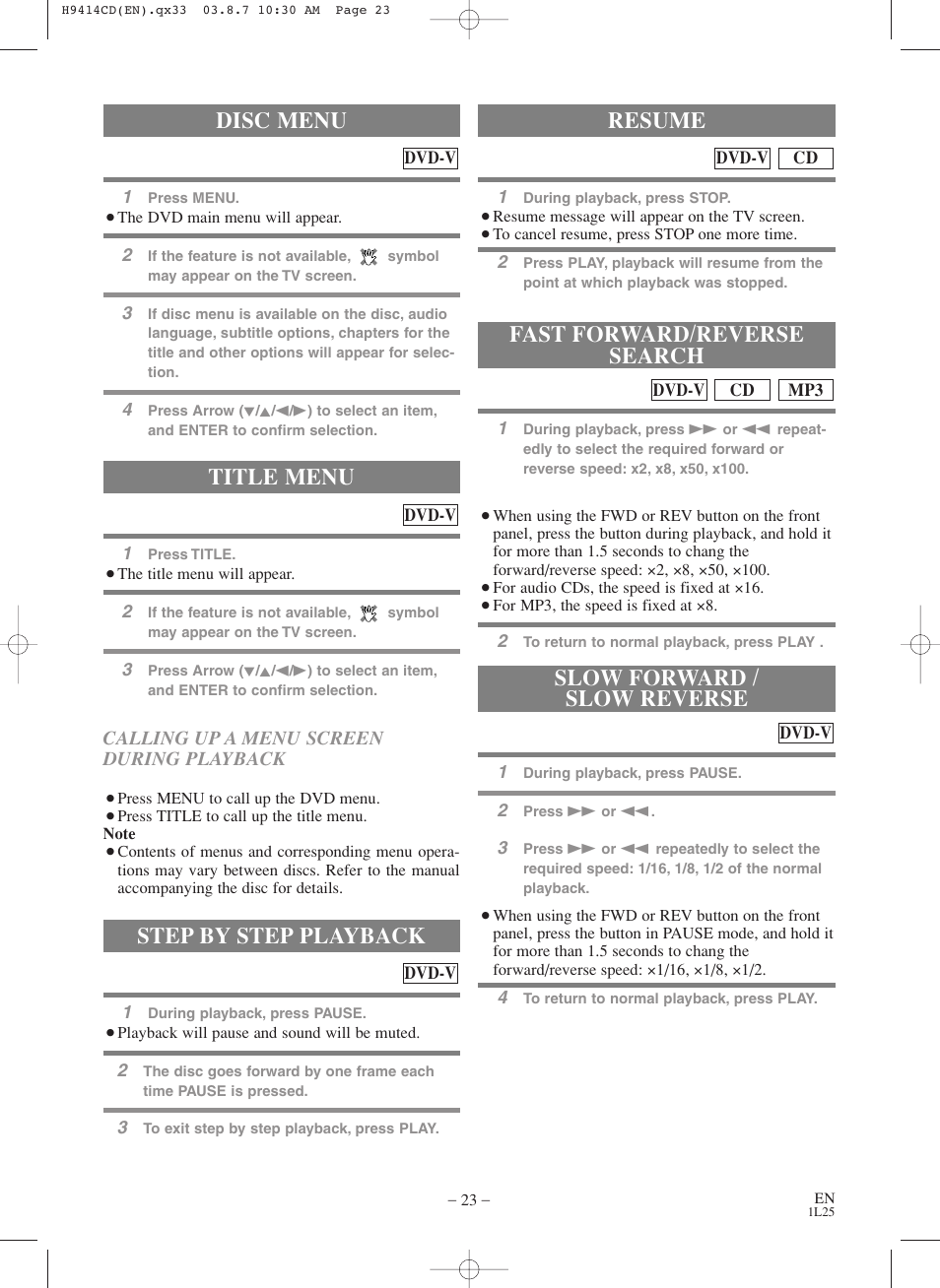 Title menu, Step by step playback, Resume | Disc menu | Symphonic CWF803 User Manual | Page 23 / 36