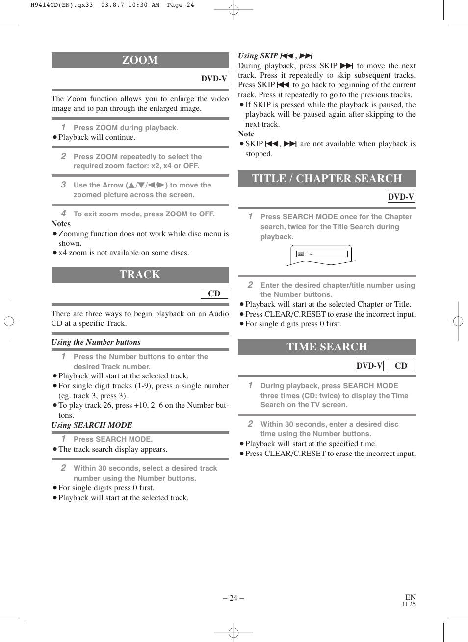 Track, Zoom, Title / chapter search | Time search | Symphonic CWF803 User Manual | Page 24 / 36