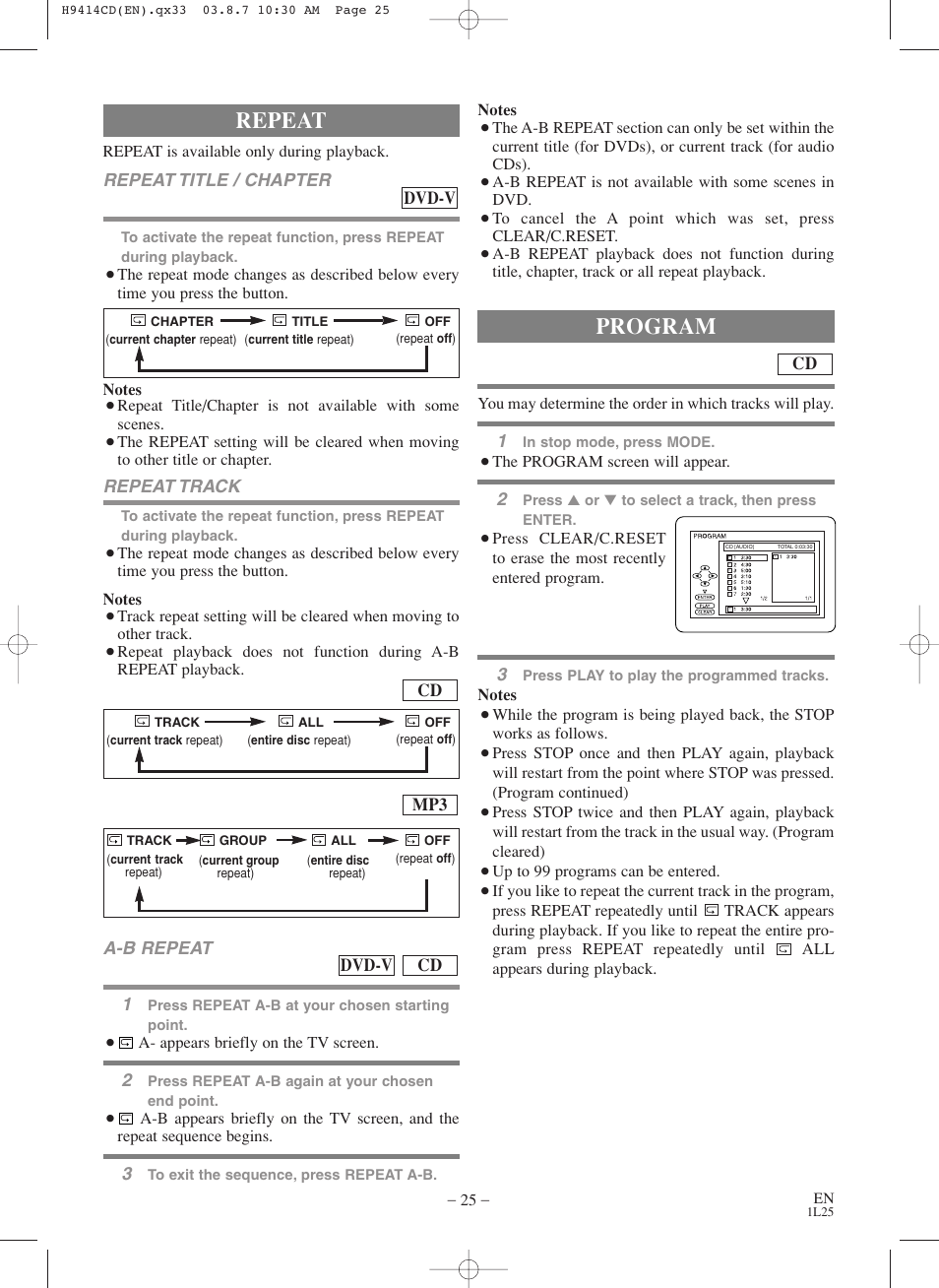 Repeat, Program, Repeat title / chapter | Dvd-v, Repeat track, Cd a-b repeat 1, Cd dvd-v | Symphonic CWF803 User Manual | Page 25 / 36