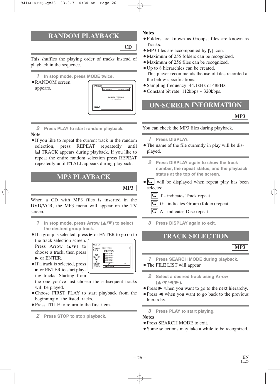 Random playback, Mp3 playback, On-screen information | Track selection | Symphonic CWF803 User Manual | Page 26 / 36