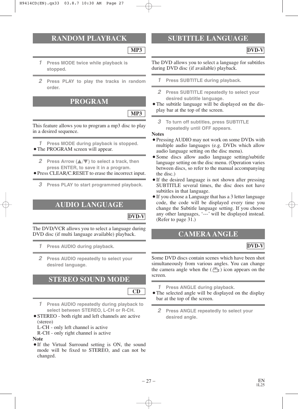 Random playback, Program audio language, Stereo sound mode | Subtitle language camera angle | Symphonic CWF803 User Manual | Page 27 / 36