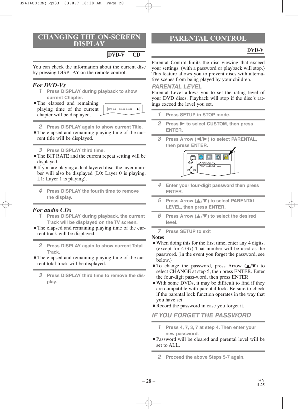 Changing the on-screen display, Parental control | Symphonic CWF803 User Manual | Page 28 / 36