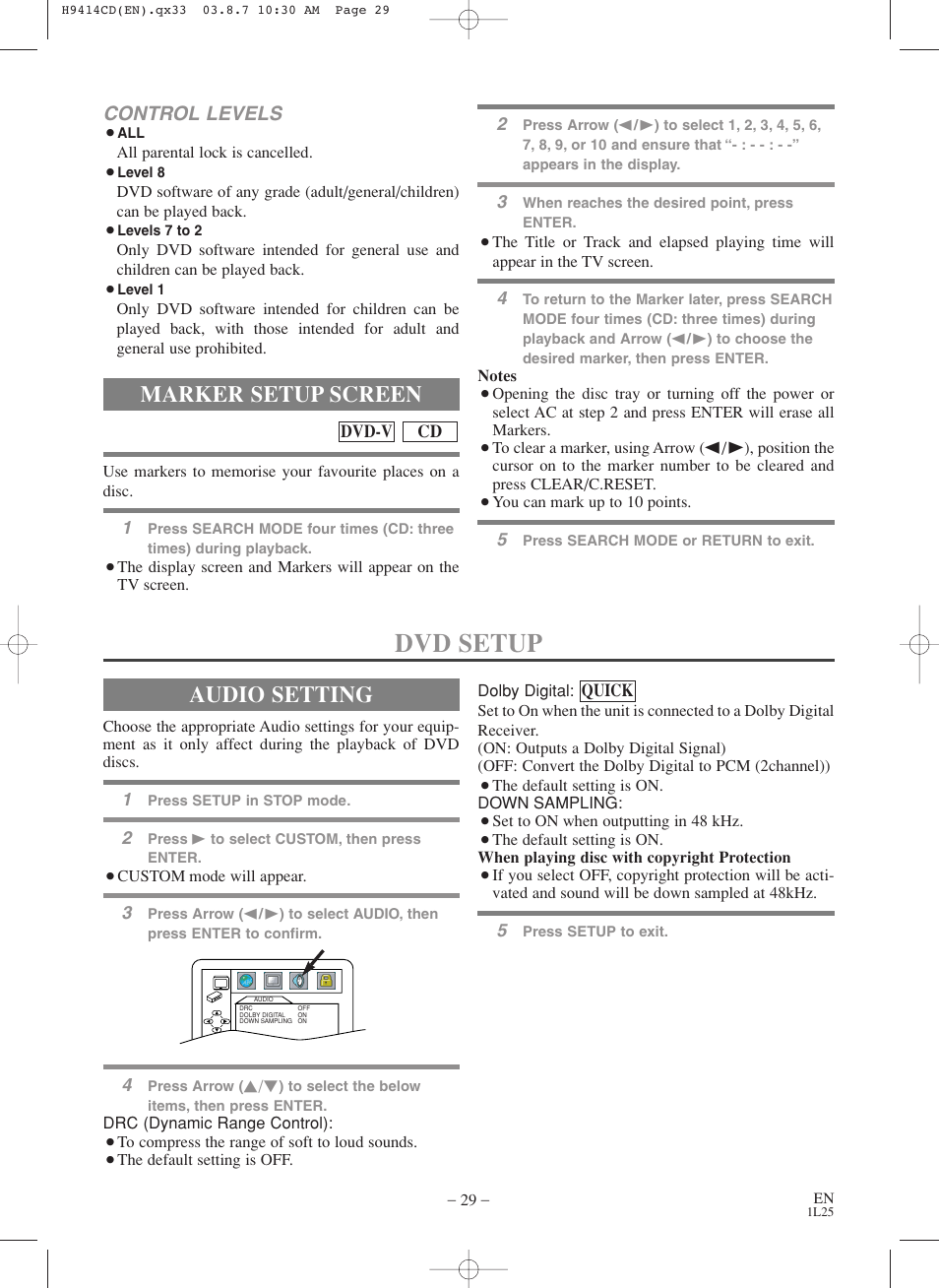 Dvd setup, Marker setup screen, Audio setting | Control levels | Symphonic CWF803 User Manual | Page 29 / 36