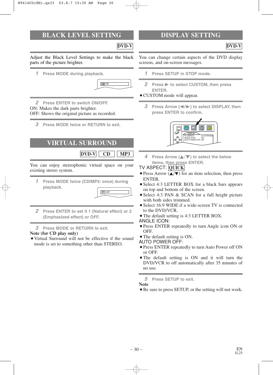 Black level setting, Virtual surround, Display setting | Symphonic CWF803 User Manual | Page 30 / 36