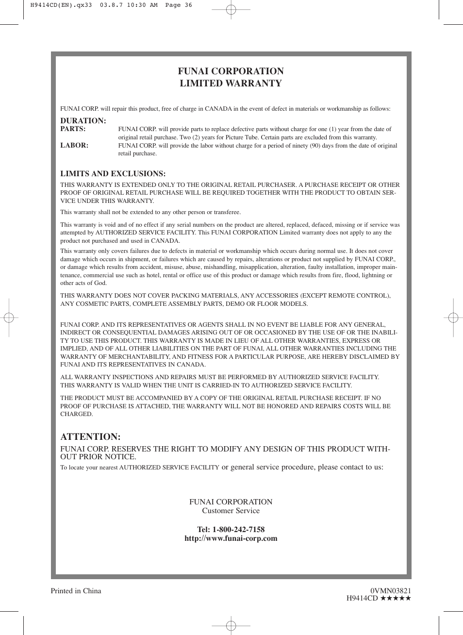 Funai corporation limited warranty, Attention | Symphonic CWF803 User Manual | Page 36 / 36