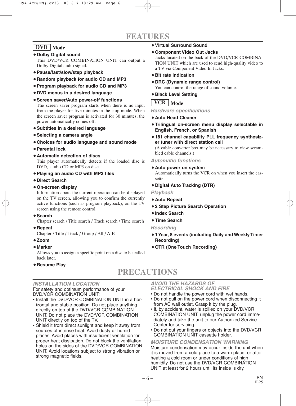 Features, Precautions | Symphonic CWF803 User Manual | Page 6 / 36