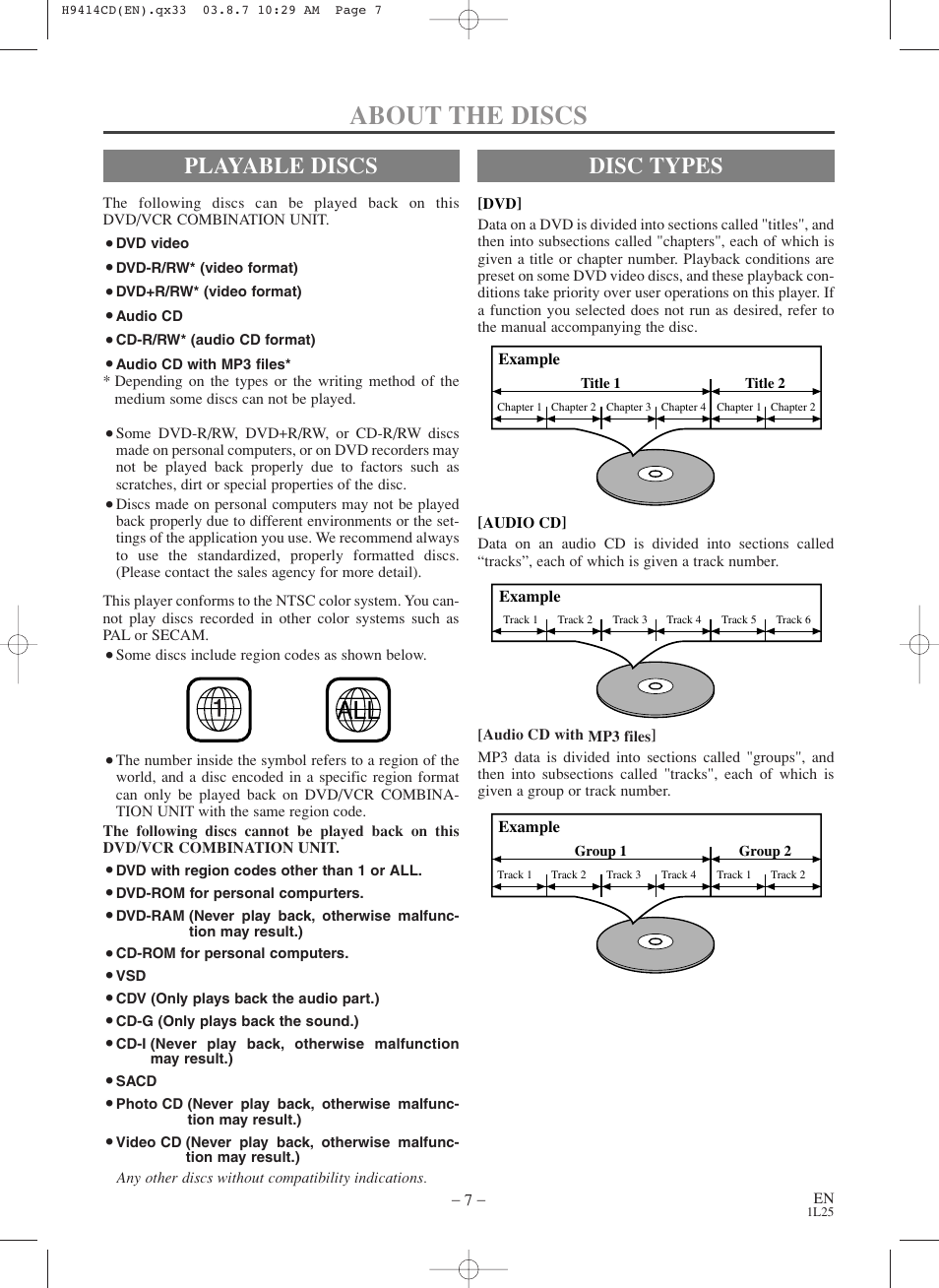 About the discs, Playable discs, Disc types | Symphonic CWF803 User Manual | Page 7 / 36