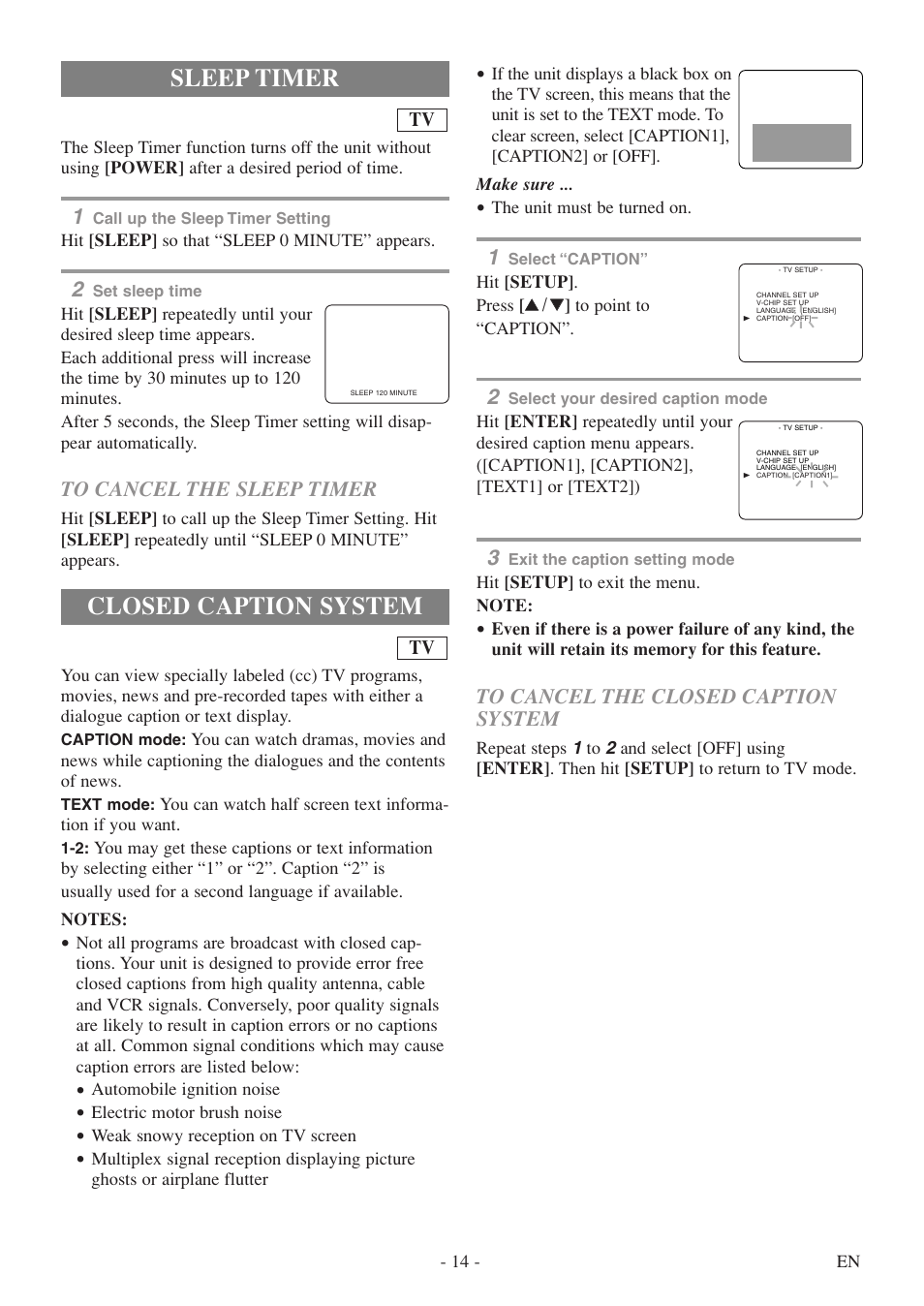 Closed caption system, Sleep timer | Symphonic SC520FDF User Manual | Page 14 / 40