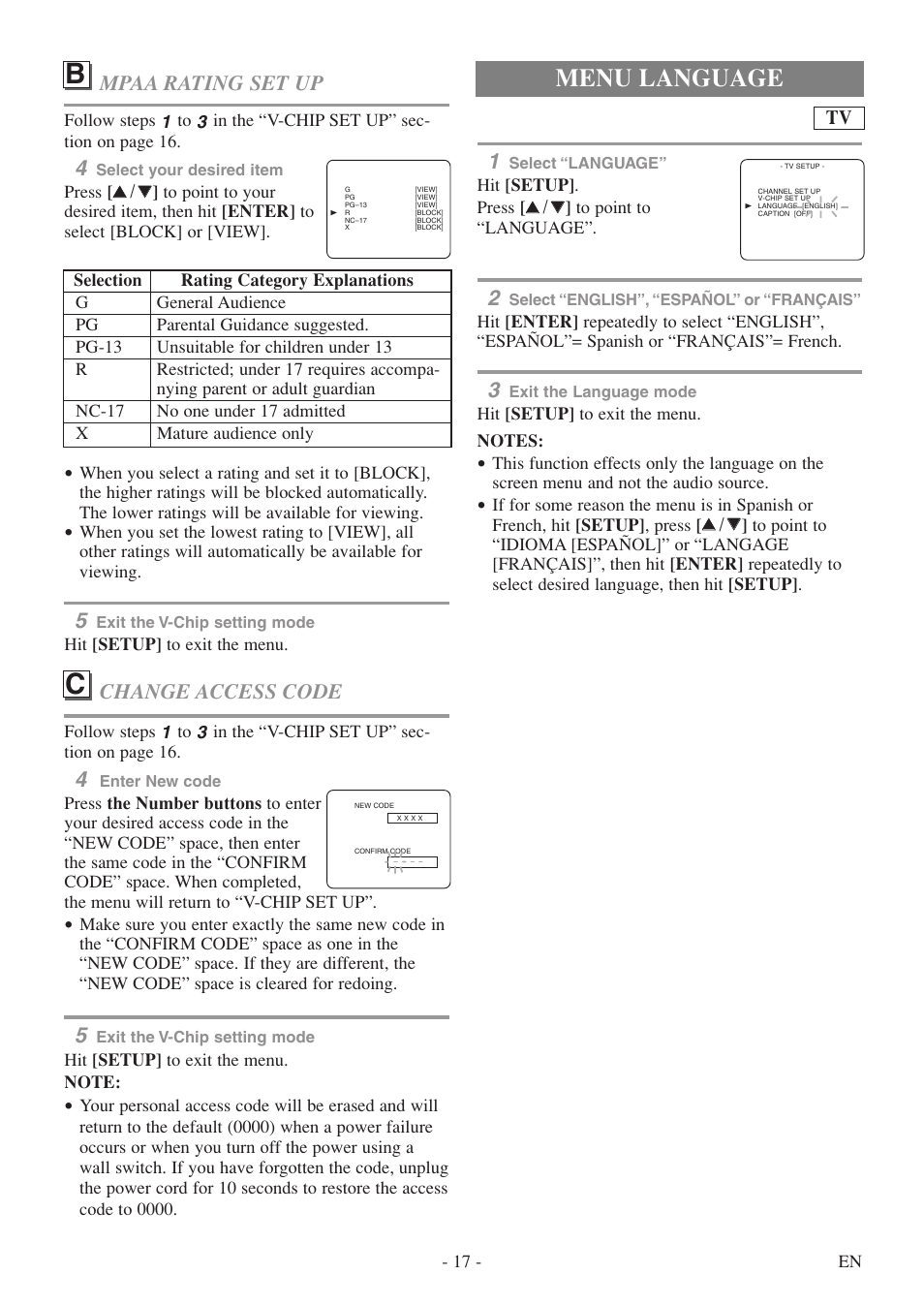 Menu language, Change access code, Mpaa rating set up | Symphonic SC520FDF User Manual | Page 17 / 40