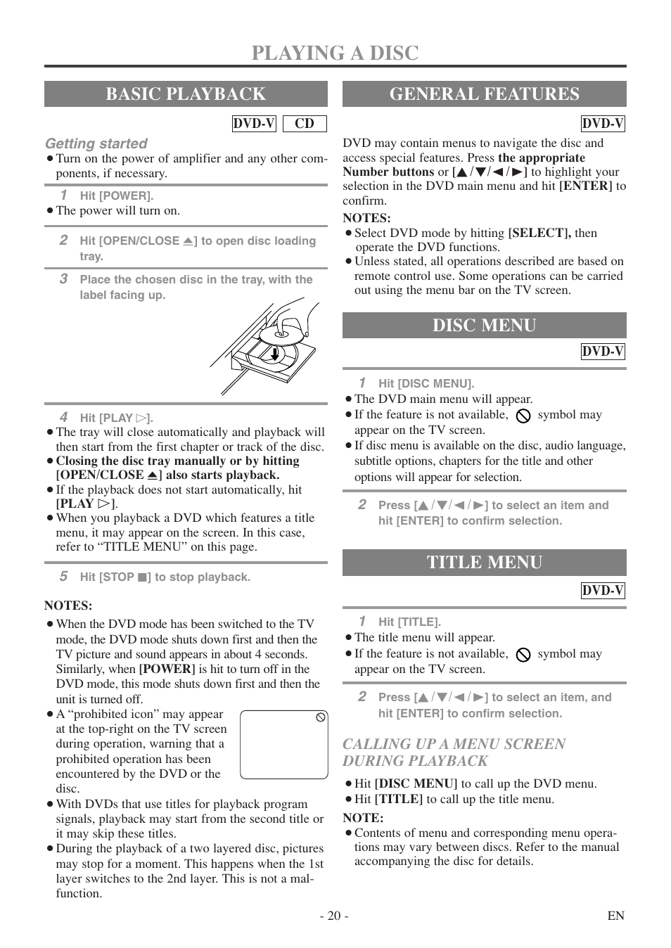 Playing a disc, Basic playback, General features | Title menu, Disc menu, Calling up a menu screen during playback | Symphonic SC520FDF User Manual | Page 20 / 40