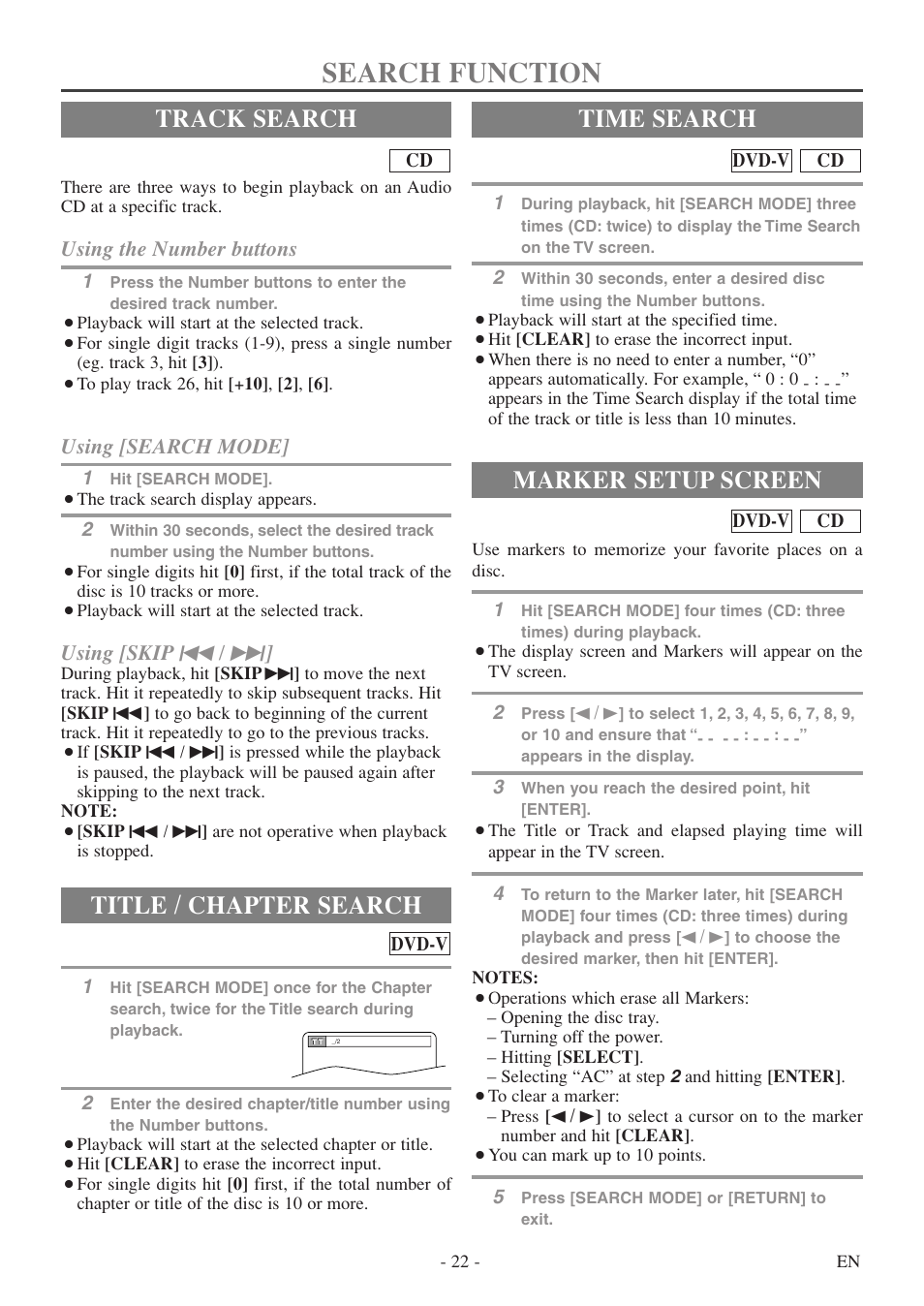 Search function, Track search, Title / chapter search | Time search, Marker setup screen, Using the number buttons, Using [search mode, Using [skip h / g | Symphonic SC520FDF User Manual | Page 22 / 40