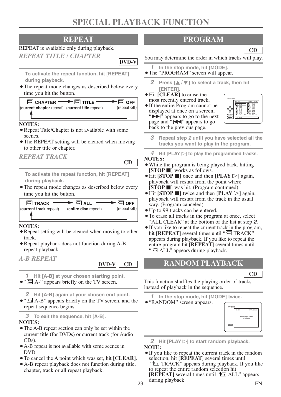 Special playback function, Repeat, Program | Random playback, Repeat title / chapter, Repeat track, A-b repeat, Dvd-v, Cd dvd-v | Symphonic SC520FDF User Manual | Page 23 / 40
