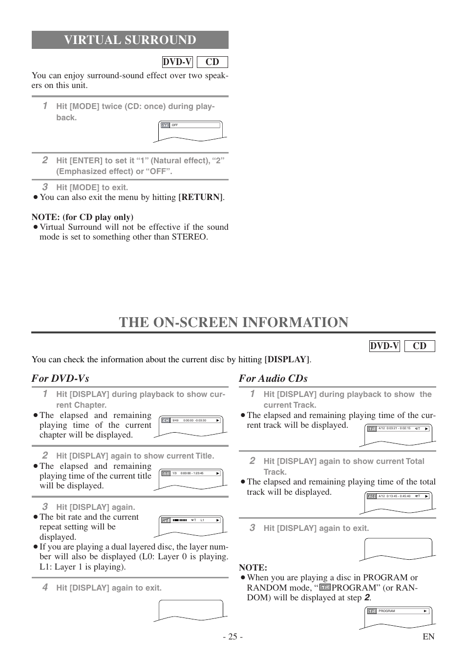 The on-screen information, Virtual surround, For audio cds | For dvd-vs, Cd dvd-v | Symphonic SC520FDF User Manual | Page 25 / 40