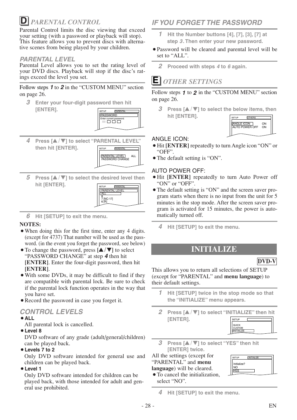 Initialize, Control levels, Parental control | If you forget the password, Other settings, Parental level, Dvd-v | Symphonic SC520FDF User Manual | Page 28 / 40