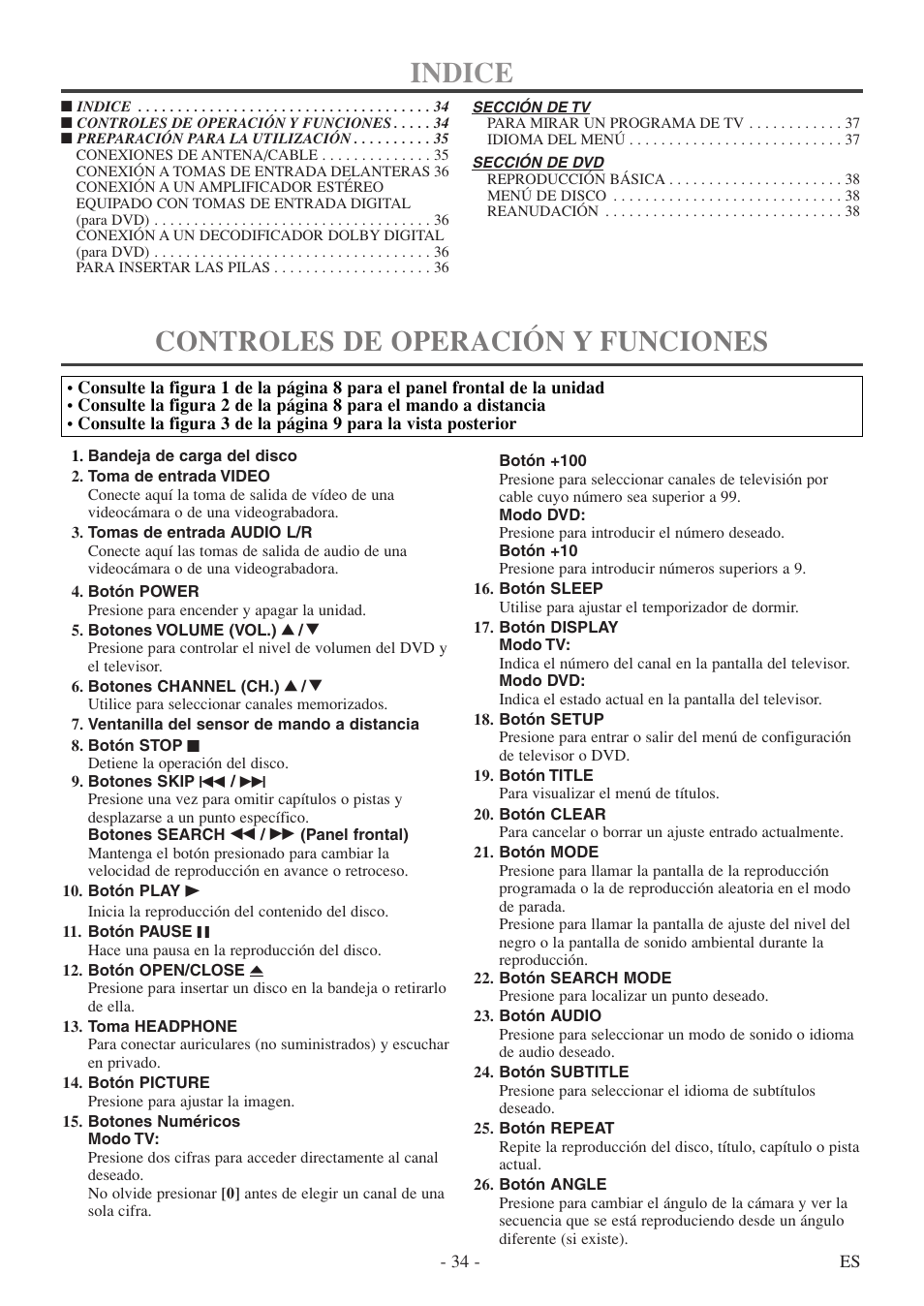 Indice, Controles de operación y funciones | Symphonic SC520FDF User Manual | Page 34 / 40