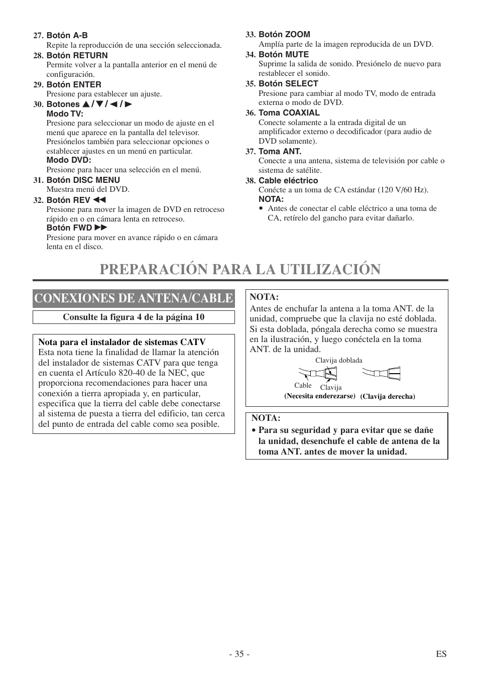 Preparación para la utilización, Conexiones de antena/cable | Symphonic SC520FDF User Manual | Page 35 / 40