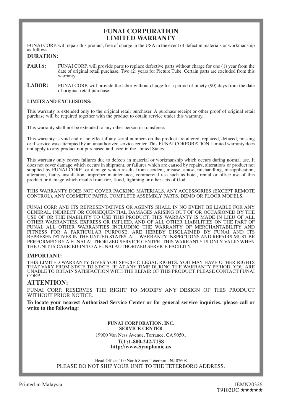 Funai corporation, Limited warranty, Attention | Symphonic SC520FDF User Manual | Page 40 / 40