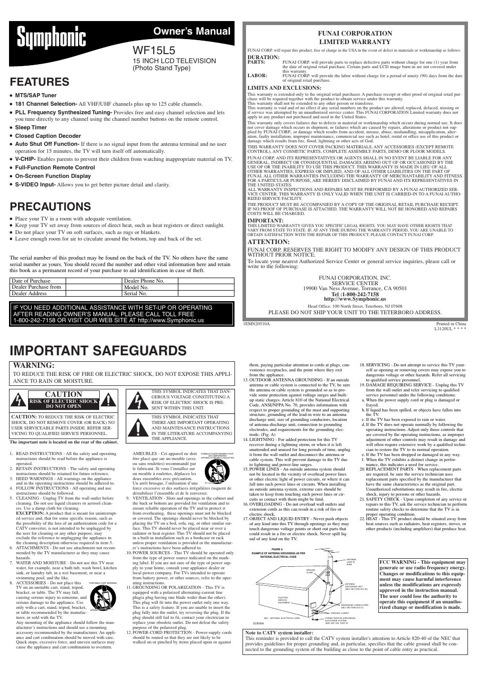 Symphonic WF15L5 User Manual | 8 pages