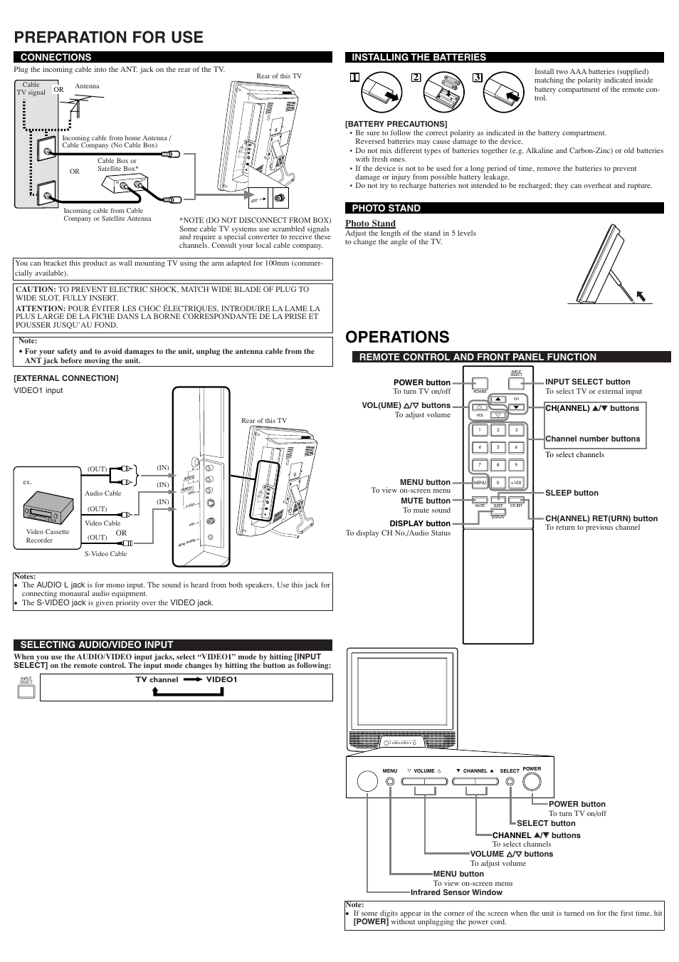Connections, Preparation for use, Operations | Menu y volume x l channel k select power | Symphonic WF15L5 User Manual | Page 2 / 8