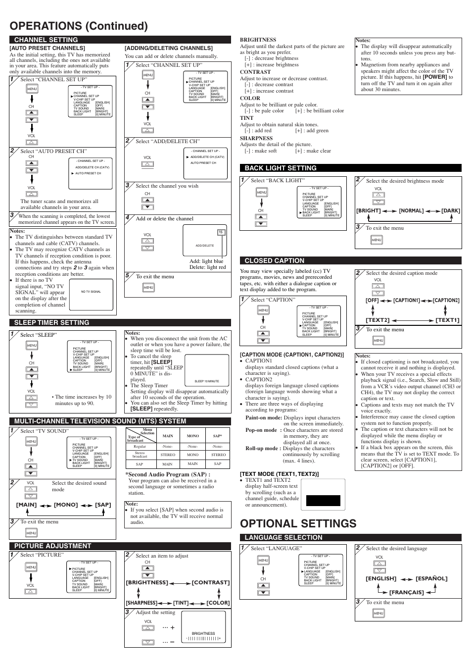 Channel setting, Operations (continued) optional settings, Language selection | Picture adjustment, Multi-channel television sound (mts) system, Closed caption back light setting, Sleep timer setting | Symphonic WF15L5 User Manual | Page 3 / 8