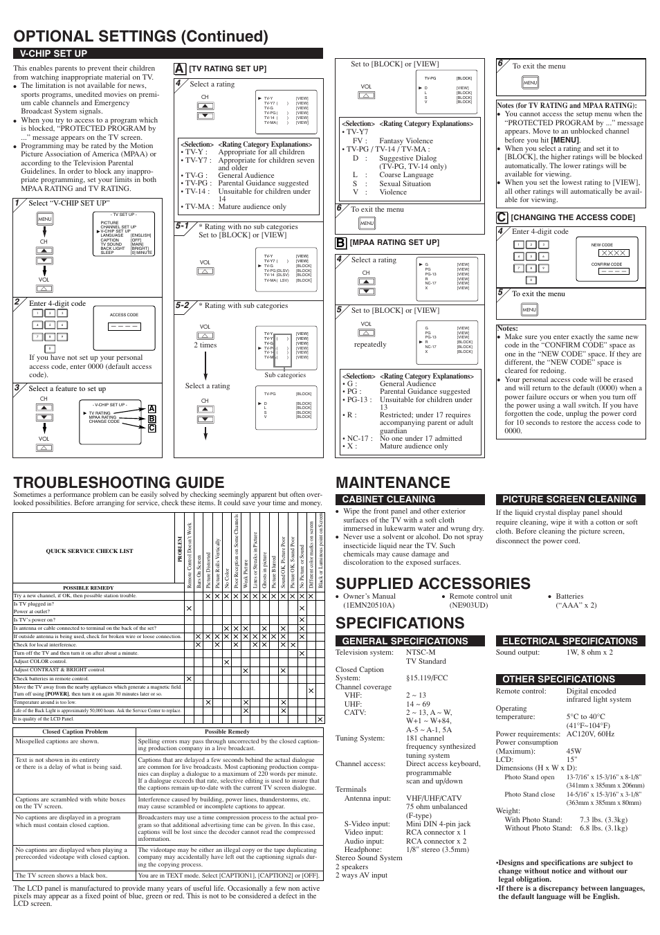 Troubleshooting & maintenance, Supplied accessories, General specifications | Electrical specifications, Other specifications, Cabinet cleaning, Picture screen cleaning, V-chip set up | Symphonic WF15L5 User Manual | Page 4 / 8