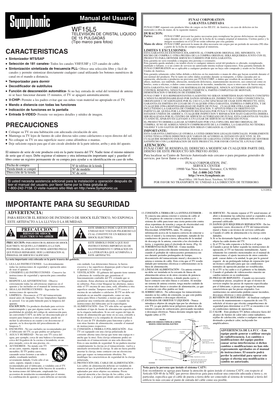Importante para su seguridad, Caracteristicas, Precauciones | Wf15l5, Manual del usuario, Advertencia, Precaucion, Atencion | Symphonic WF15L5 User Manual | Page 5 / 8