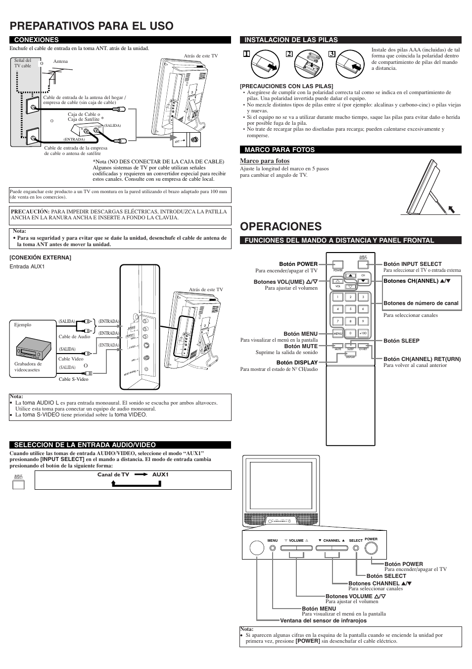 Preparativos para el uso, Operaciones, Menu y volume x l channel k select power | Symphonic WF15L5 User Manual | Page 6 / 8