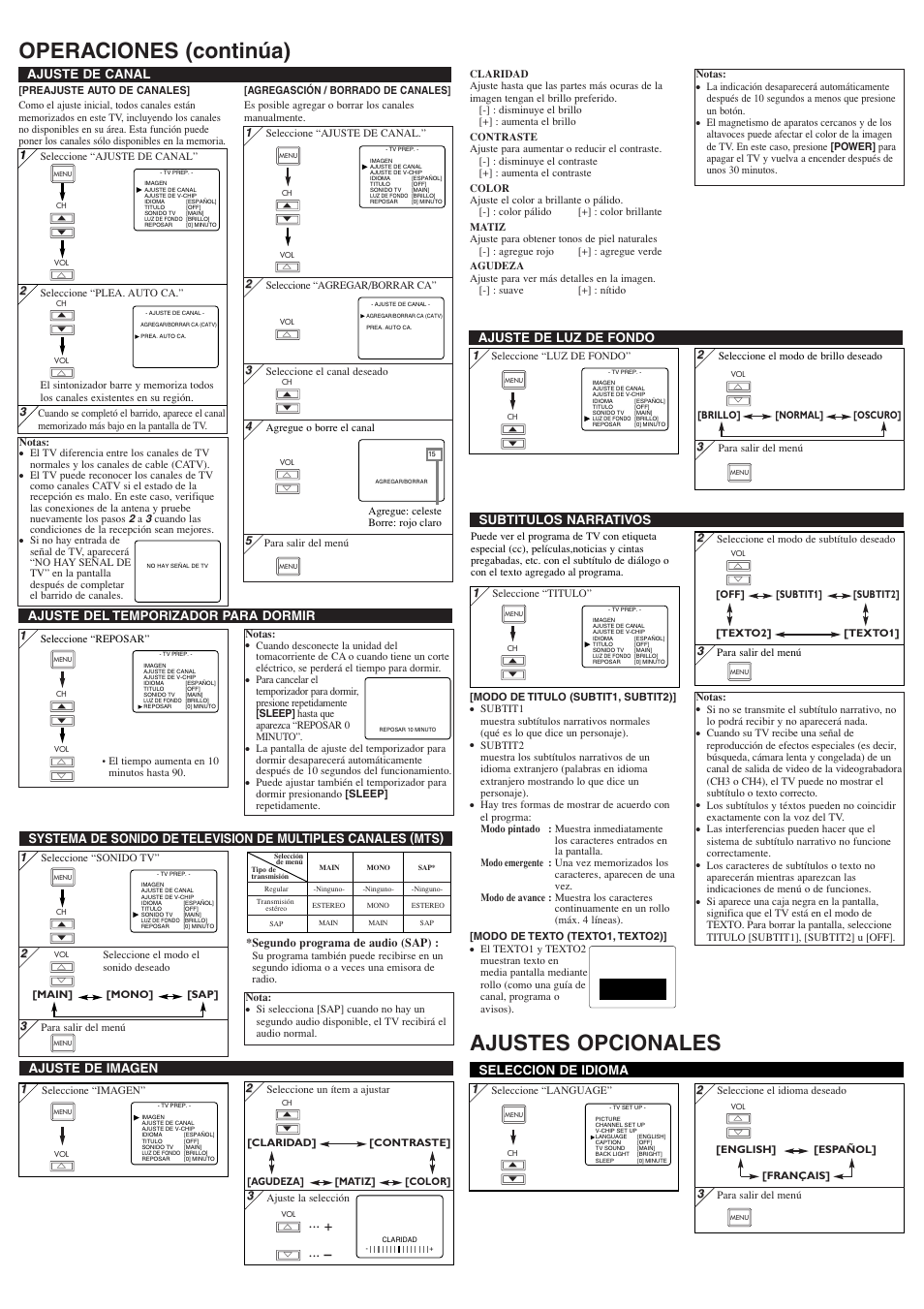 Operaciones (continúa) ajustes opcionales, Ajuste de imagen, Ajuste de canal | Seleccion de idioma, Subtitulos narrativos, Ajuste de luz de fondo, Ajuste del temporizador para dormir | Symphonic WF15L5 User Manual | Page 7 / 8