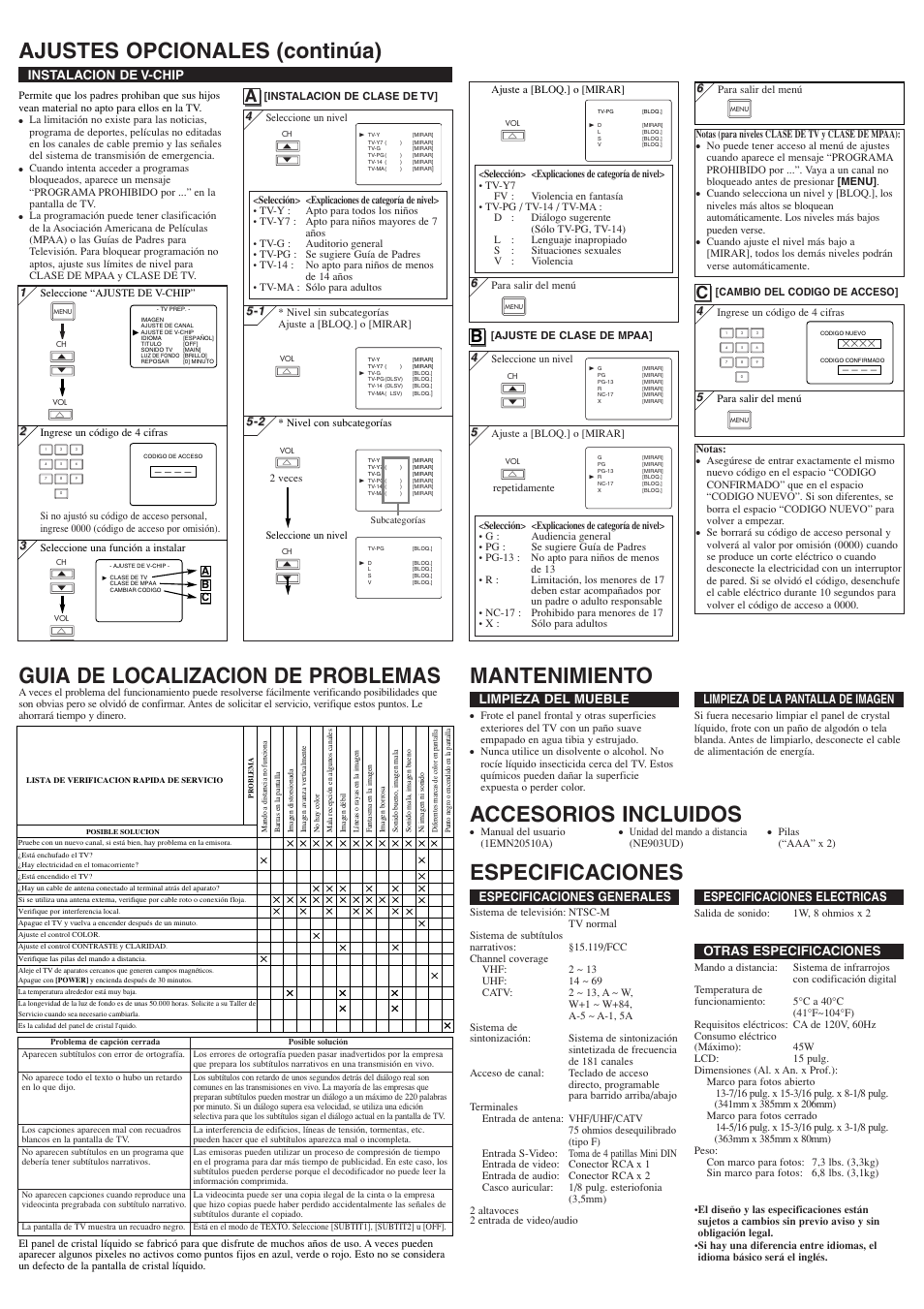 Accesorios incluidos, Especificaciones generales, Especificaciones electricas | Otras especificaciones, Limpieza del mueble, Limpieza de la pantalla de imagen, Instalacion de v-chip | Symphonic WF15L5 User Manual | Page 8 / 8