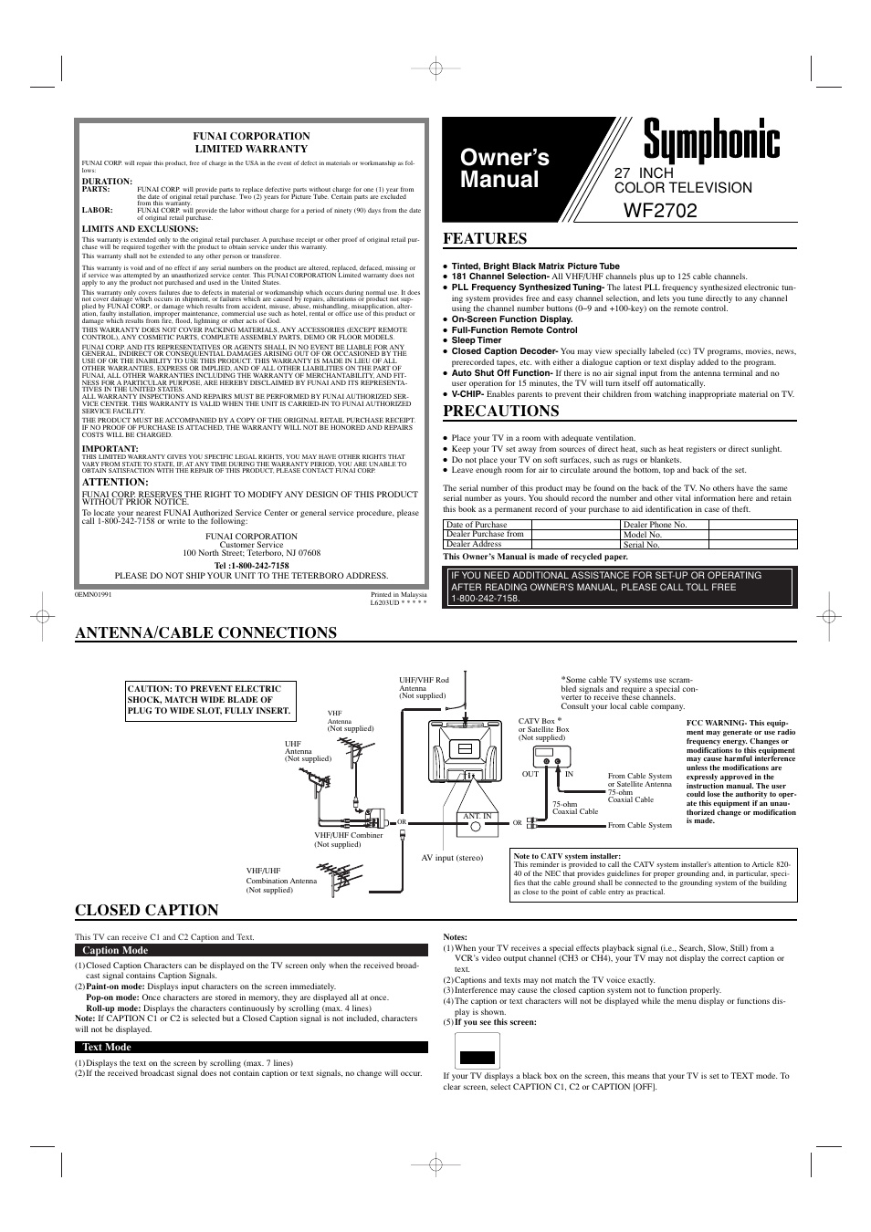 Symphonic WF2702 User Manual | 4 pages