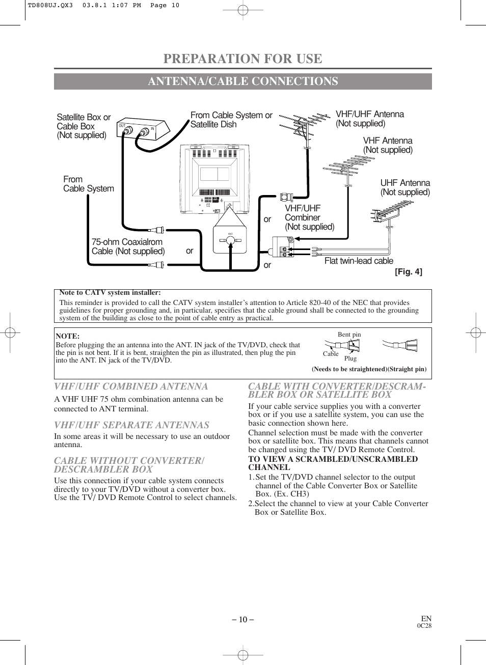 Preparation for use, Antenna/cable connections | Symphonic BL519DD User Manual | Page 10 / 34