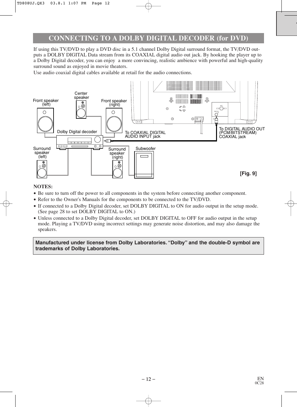 Connecting to a dolby digital decoder (for dvd) | Symphonic BL519DD User Manual | Page 12 / 34