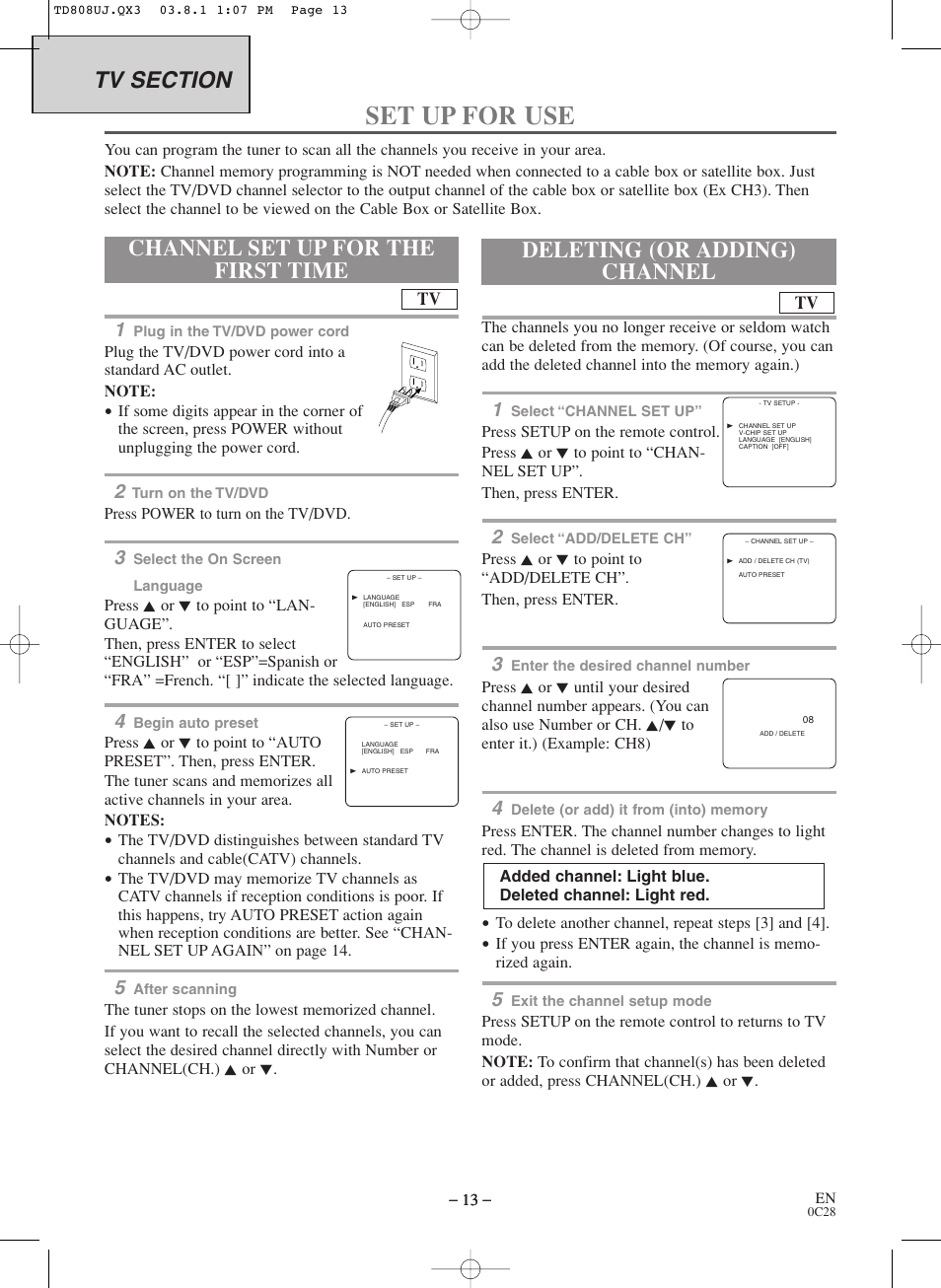 Set up for use, Channel set up for the first time, Deleting (or adding) channel | Symphonic BL519DD User Manual | Page 13 / 34