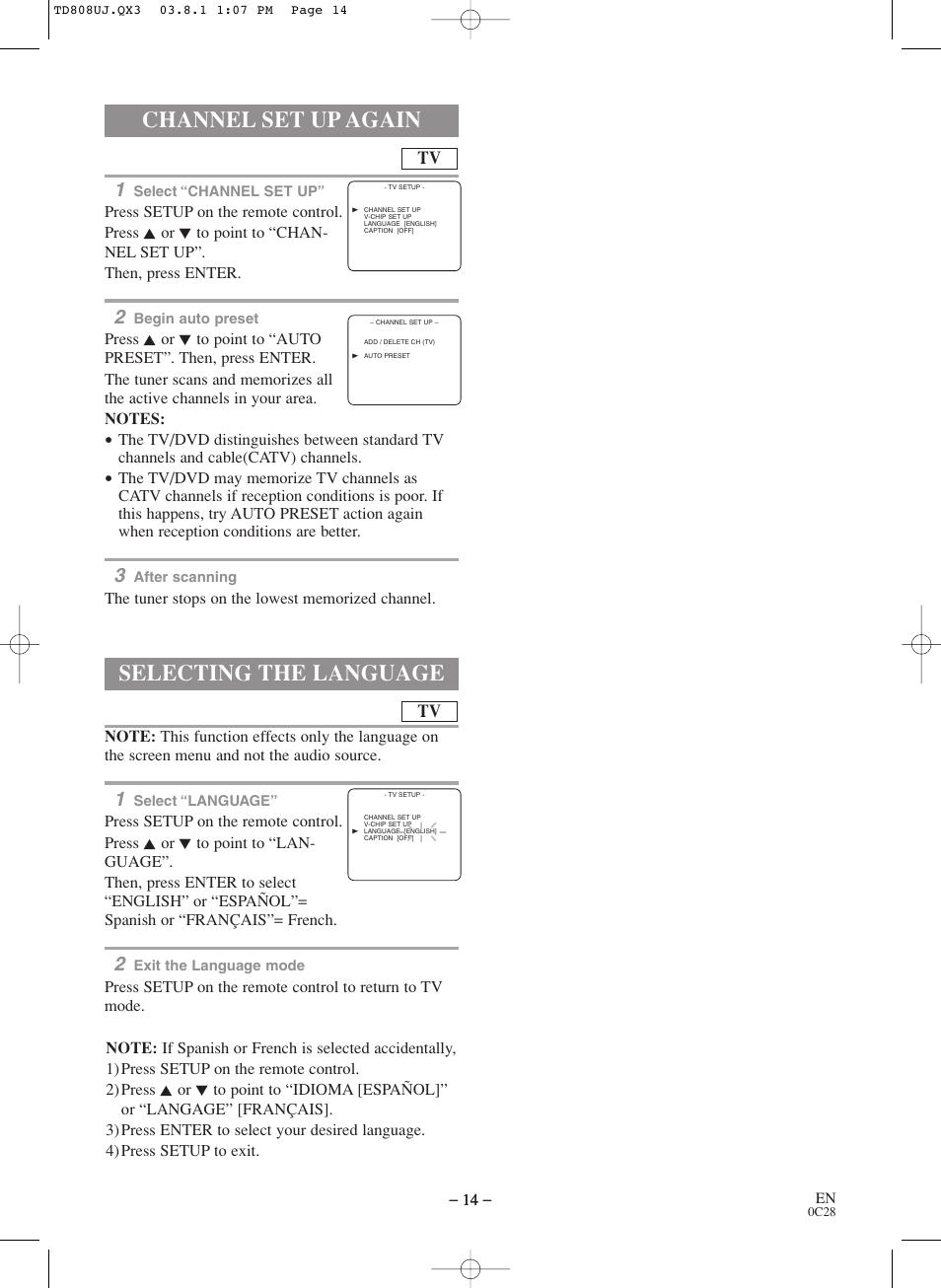 Channel set up again, Selecting the language | Symphonic BL519DD User Manual | Page 14 / 34