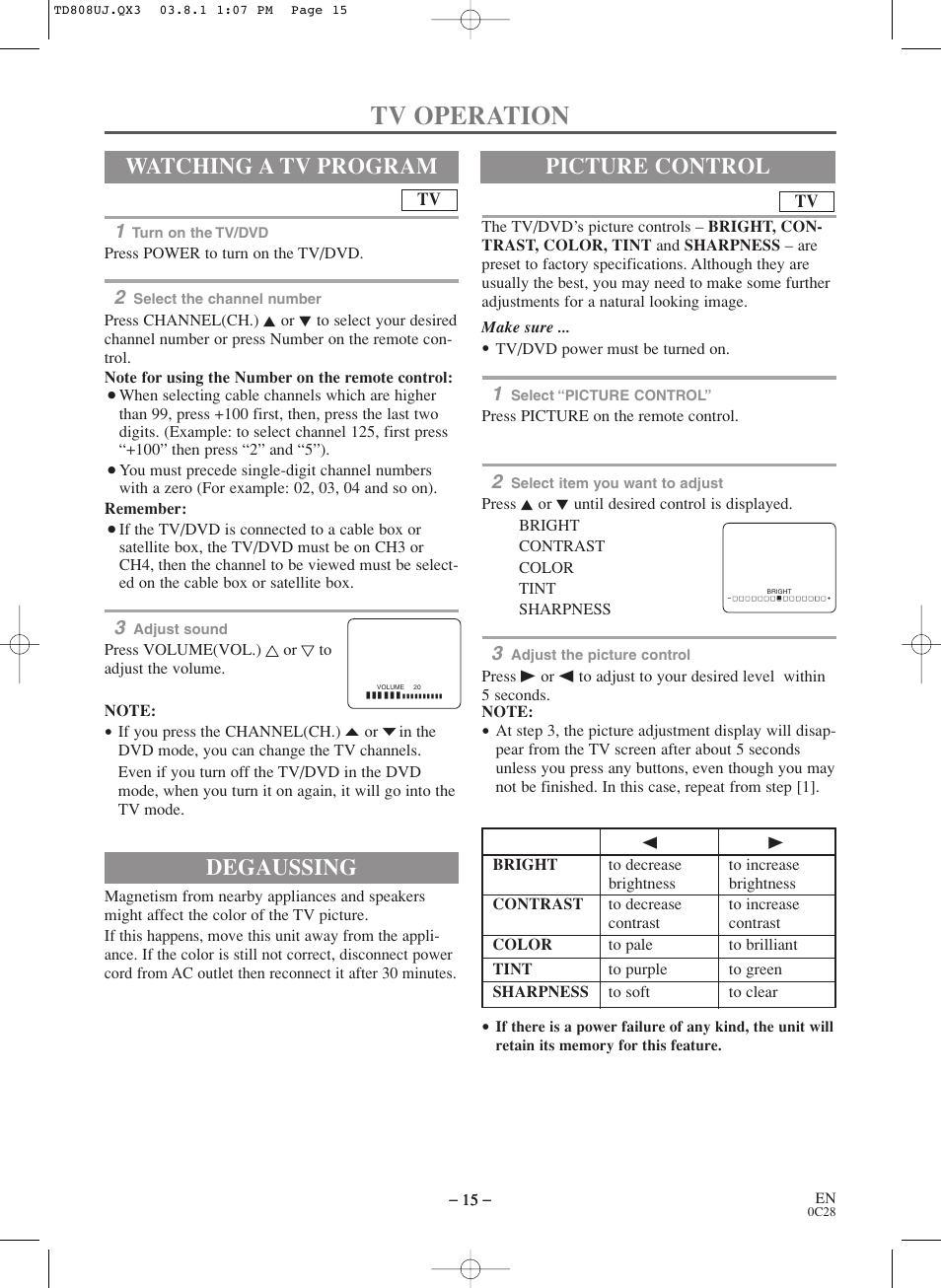 Tv operation, Degaussing, Watching a tv program | Picture control | Symphonic BL519DD User Manual | Page 15 / 34