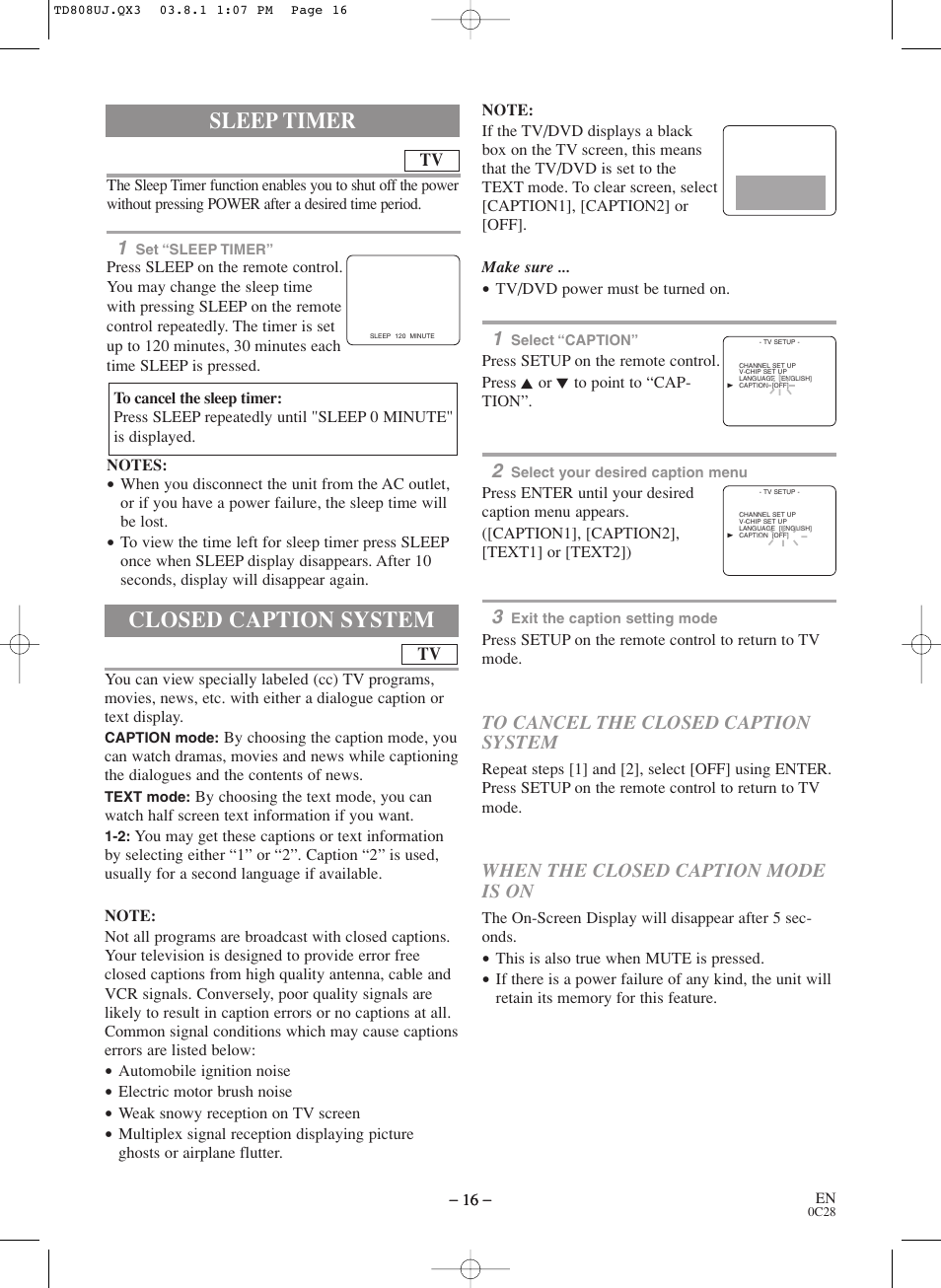 Closed caption system, Sleep timer | Symphonic BL519DD User Manual | Page 16 / 34