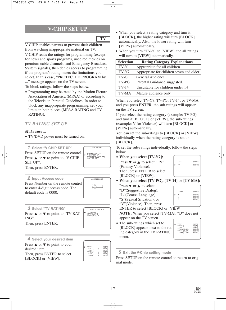 V-chip set up, Tv rating set up, Make sure | Tv/dvd power must be turned on | Symphonic BL519DD User Manual | Page 17 / 34