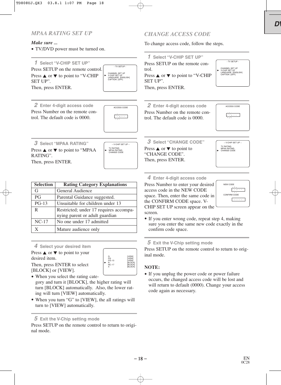 Mpaa rating set up, Change access code | Symphonic BL519DD User Manual | Page 18 / 34