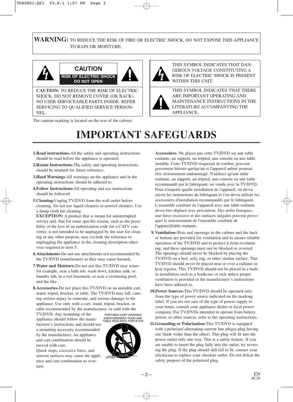 Important safeguards, Warning, Caution | Symphonic BL519DD User Manual | Page 2 / 34