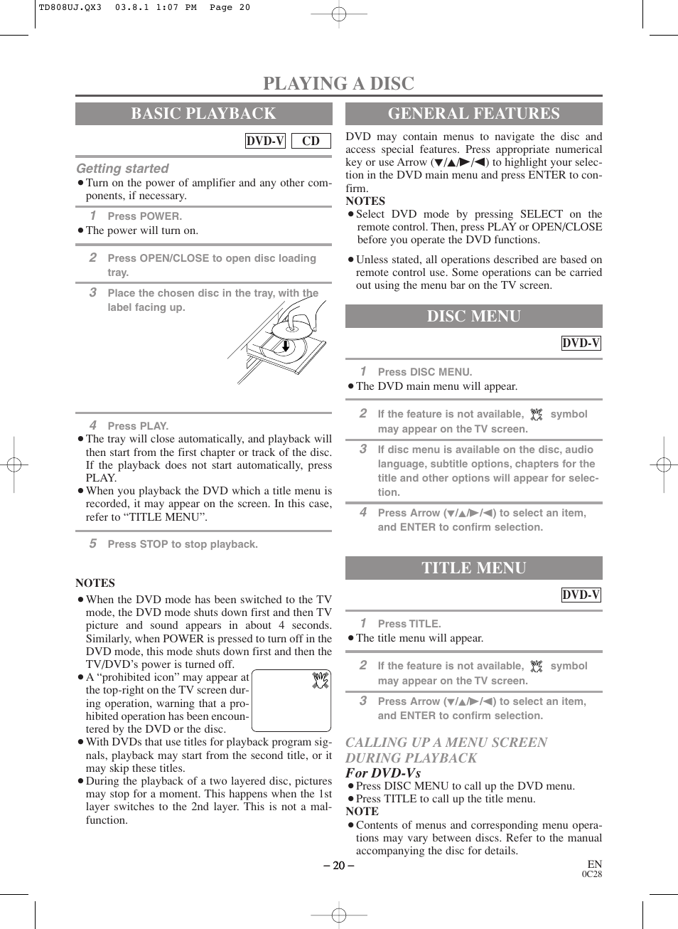 Playing a disc, Basic playback, General features | Title menu, Disc menu | Symphonic BL519DD User Manual | Page 20 / 34