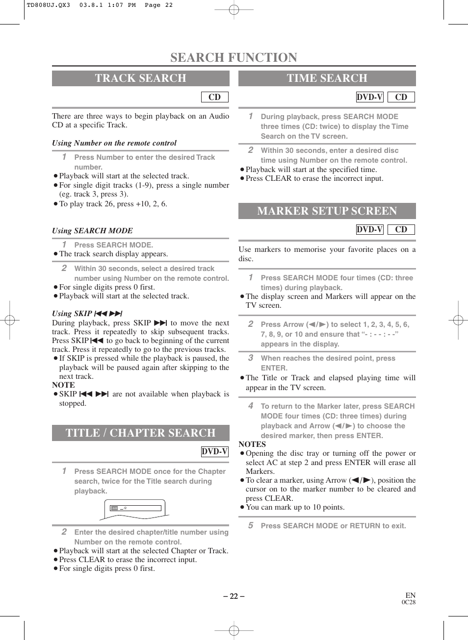 Search function, Track search, Title / chapter search | Time search, Marker setup screen | Symphonic BL519DD User Manual | Page 22 / 34