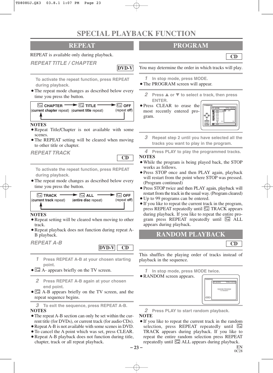 Special playback function, Repeat, Program | Random playback | Symphonic BL519DD User Manual | Page 23 / 34