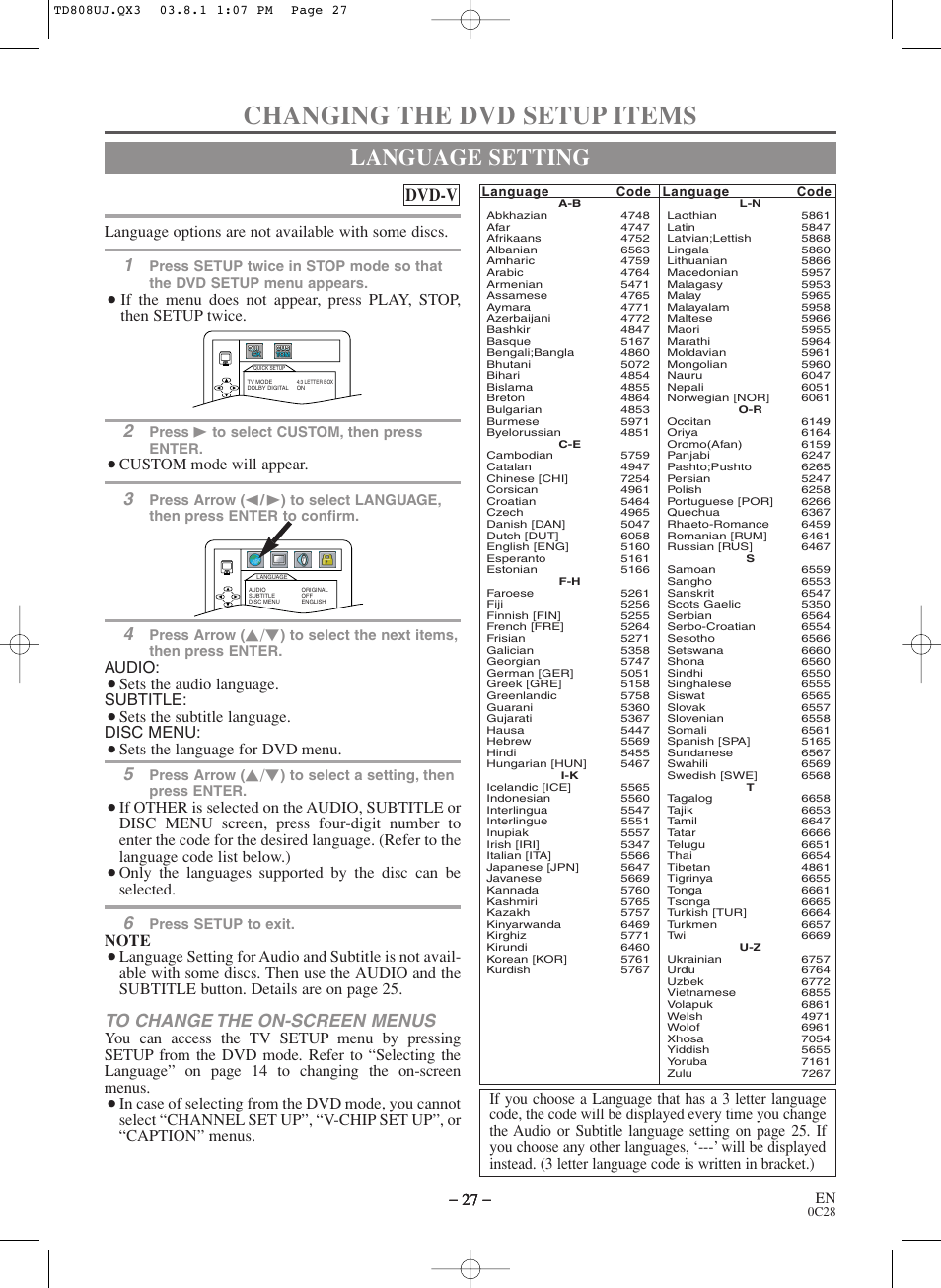 Changing the dvd setup items, Language setting, Dvd-v | Language options are not available with some discs, Custom mode will appear, Audio, Sets the audio language. subtitle, Sets the subtitle language. disc menu, Sets the language for dvd menu | Symphonic BL519DD User Manual | Page 27 / 34