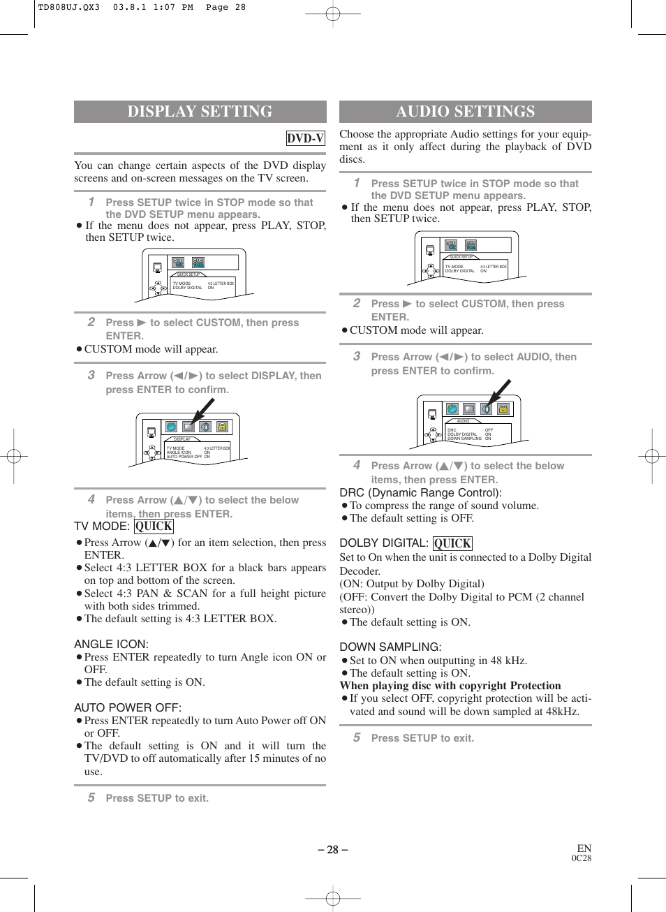 Audio settings, Display setting, Quick | Quick dvd-v | Symphonic BL519DD User Manual | Page 28 / 34