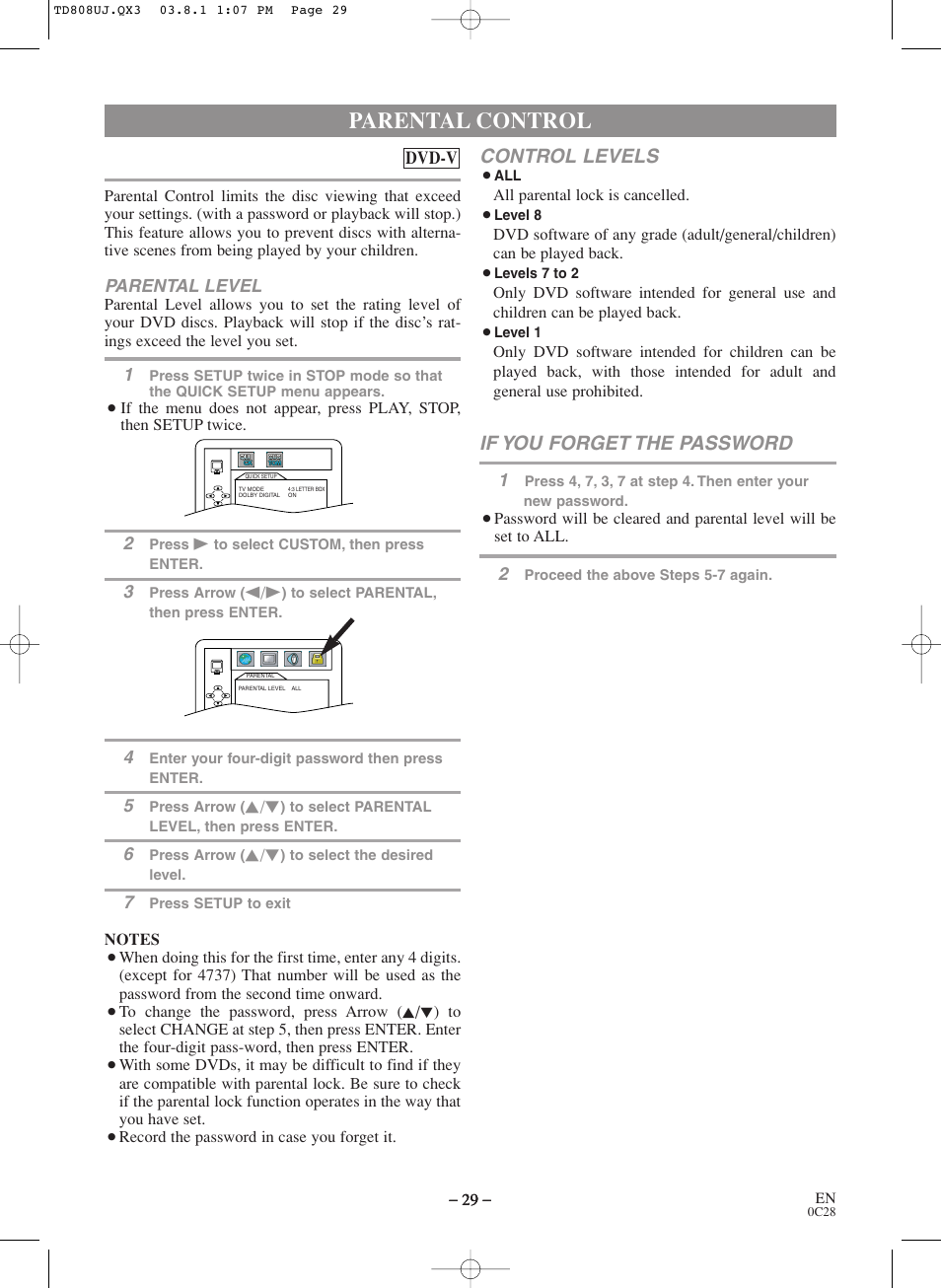 Parental control, Control levels, If you forget the password | Symphonic BL519DD User Manual | Page 29 / 34