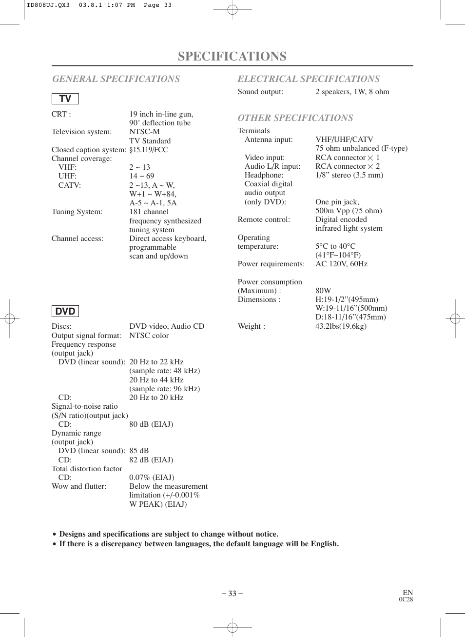 Specifications | Symphonic BL519DD User Manual | Page 33 / 34