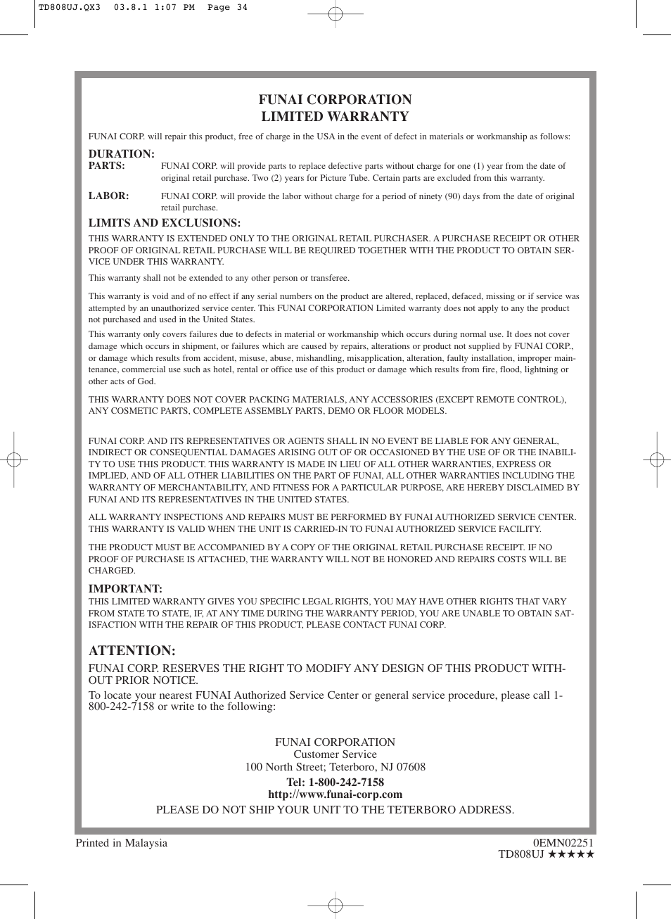 Funai corporation limited warranty, Attention | Symphonic BL519DD User Manual | Page 34 / 34