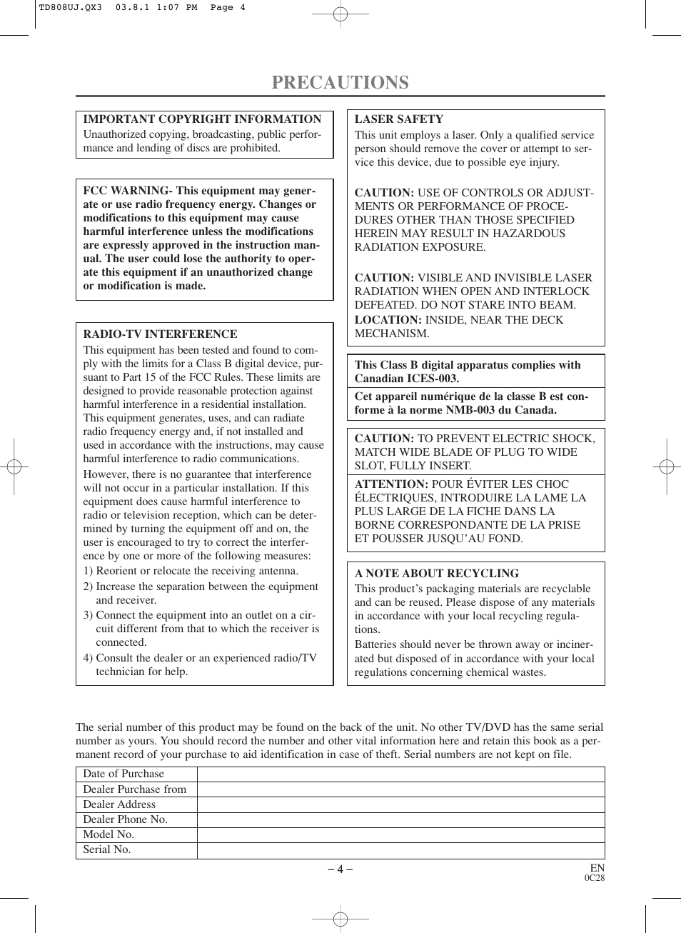 Precautions | Symphonic BL519DD User Manual | Page 4 / 34