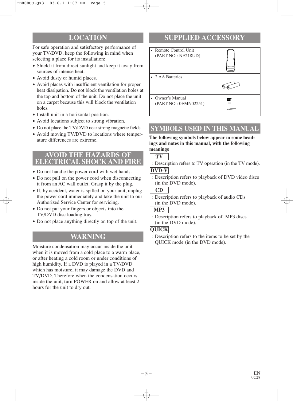 Warning, Symbols used in this manual supplied accessory | Symphonic BL519DD User Manual | Page 5 / 34