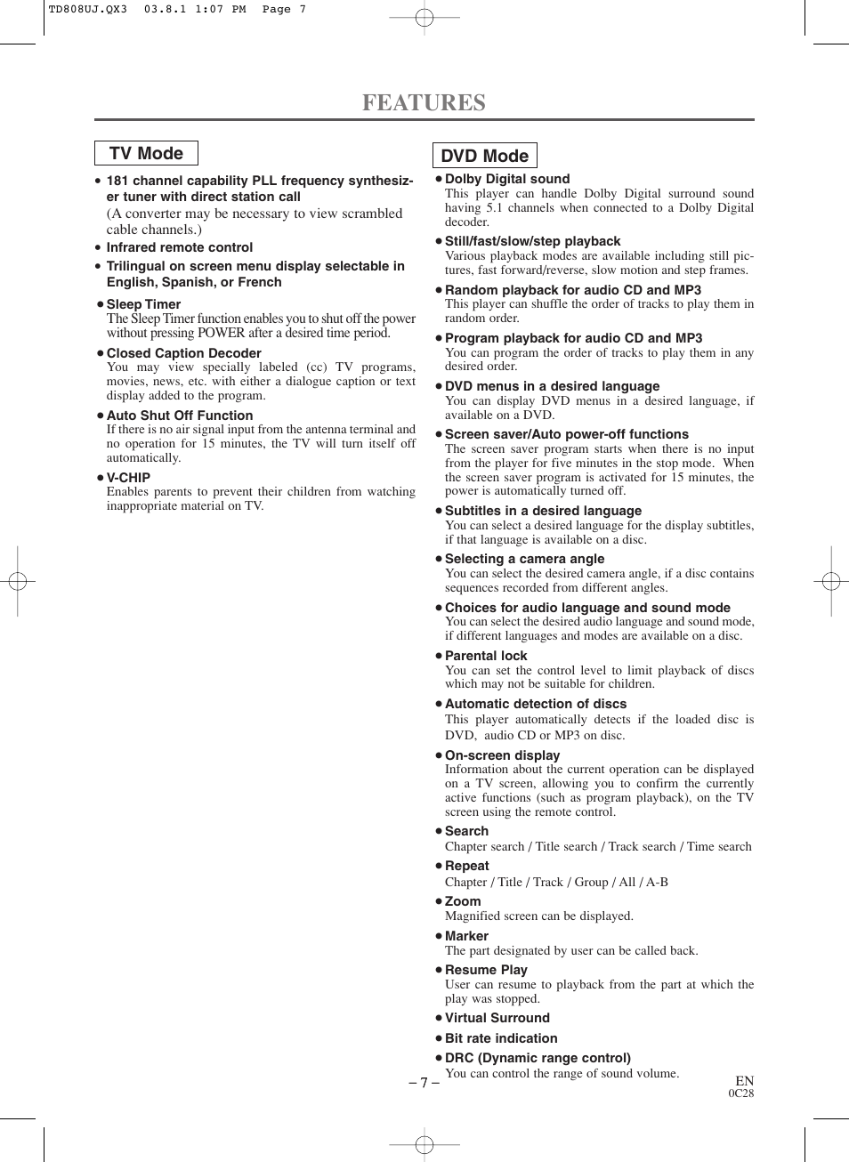 Features, Tv mode dvd mode | Symphonic BL519DD User Manual | Page 7 / 34